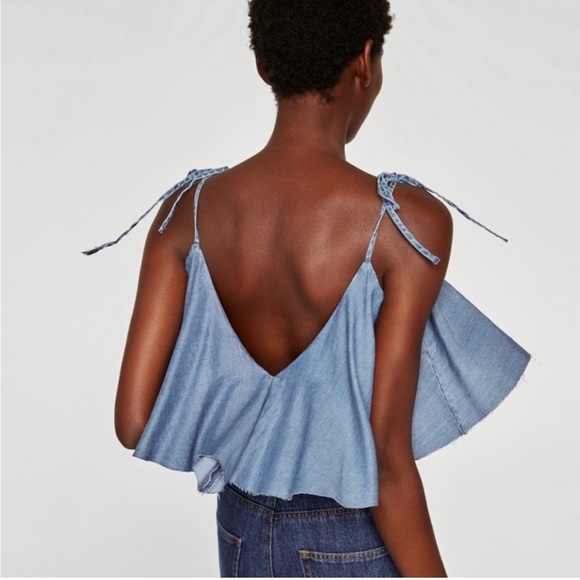 NWT ZARA Blue Denim Ruffled Chambray Camisole Spaghetti Strap Bodysuit Small - Picture 13 of 15